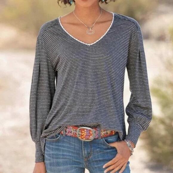 Sundance mariner sz L 100% linen slub striped grey long sleeve blouse EUC casaul - Picture 2 of 8